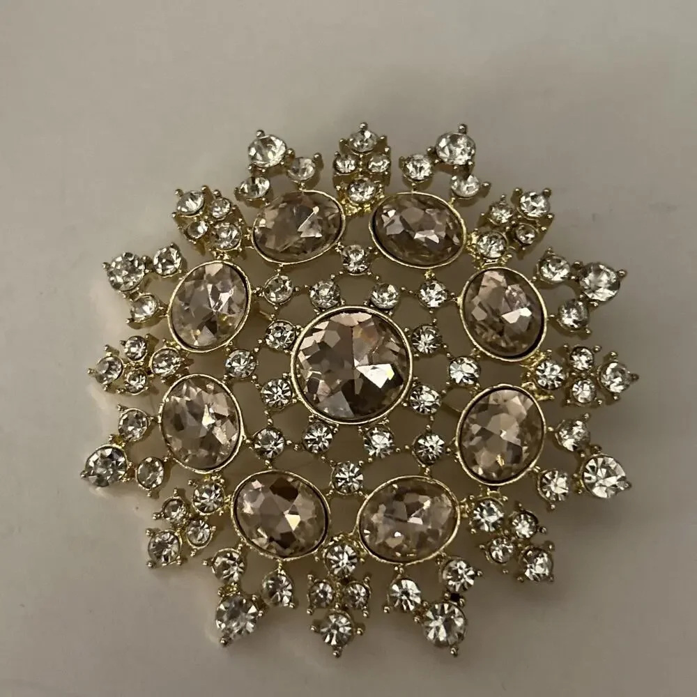 Vintage Monet Brooch Pink Rhinestone Gold Tone Sunburst Floral